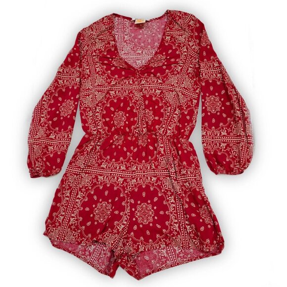 Archaic ✦ Red Paisley Romper ✦ Long Sleeve V-Neck w/ Tie Detail Boho Rebel Style - Picture 9 of 11